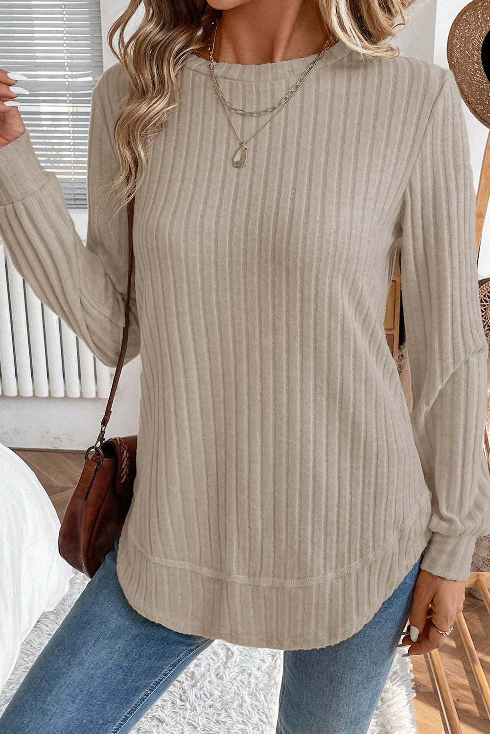 Jet Stream Ribbed Texture Round Neck Long Sleeve Rounded Hem Top