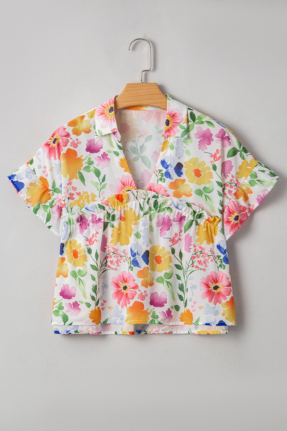 Yellow Allover Floral Print Boxy Fit V Neck Blouse - The Fair Lady Shop