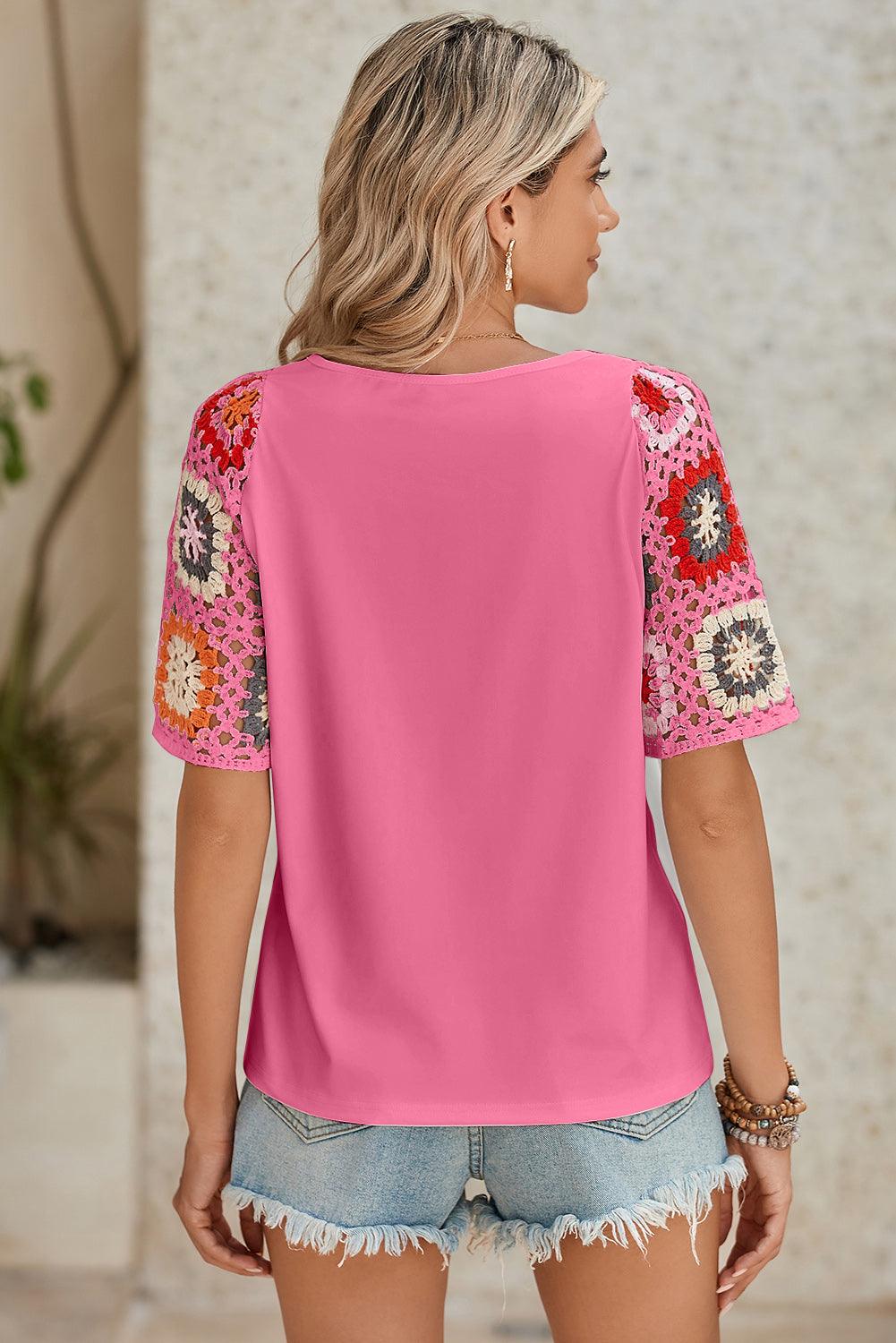 Black Floral Hollowed Crochet Sleeve Boho T Shirt - The Fair Lady Shop