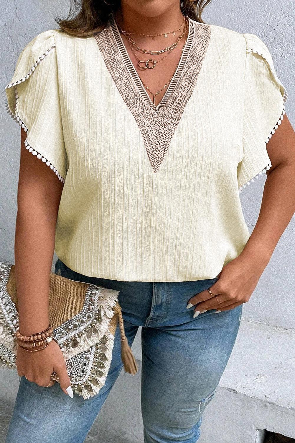 Beige Contrast Guipure Lace Petal Sleeve Plus Size Blouse - The Fair Lady Shop