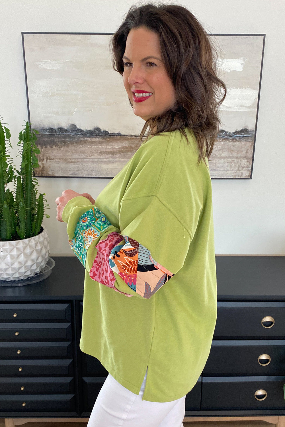 Green Leopard Patchwork Sleeve Split Plus Sweatshirt - The Fair Lady Shop