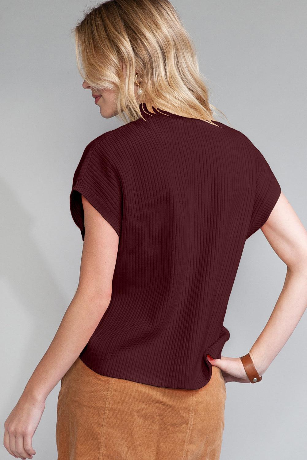 Green Patch Pocket Ribbed Knit Short Sleeve Sweater - The Fair Lady Shop