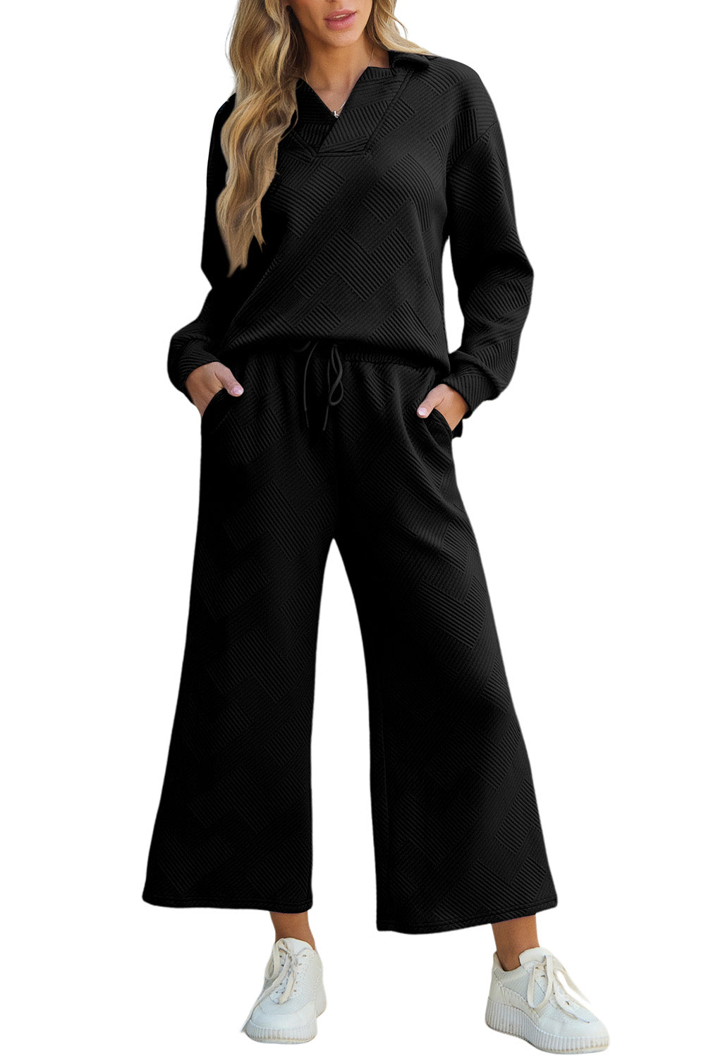 Black Plain Textured Collared V Neck Top and Wide Leg Pants Set - The Fair Lady Shop