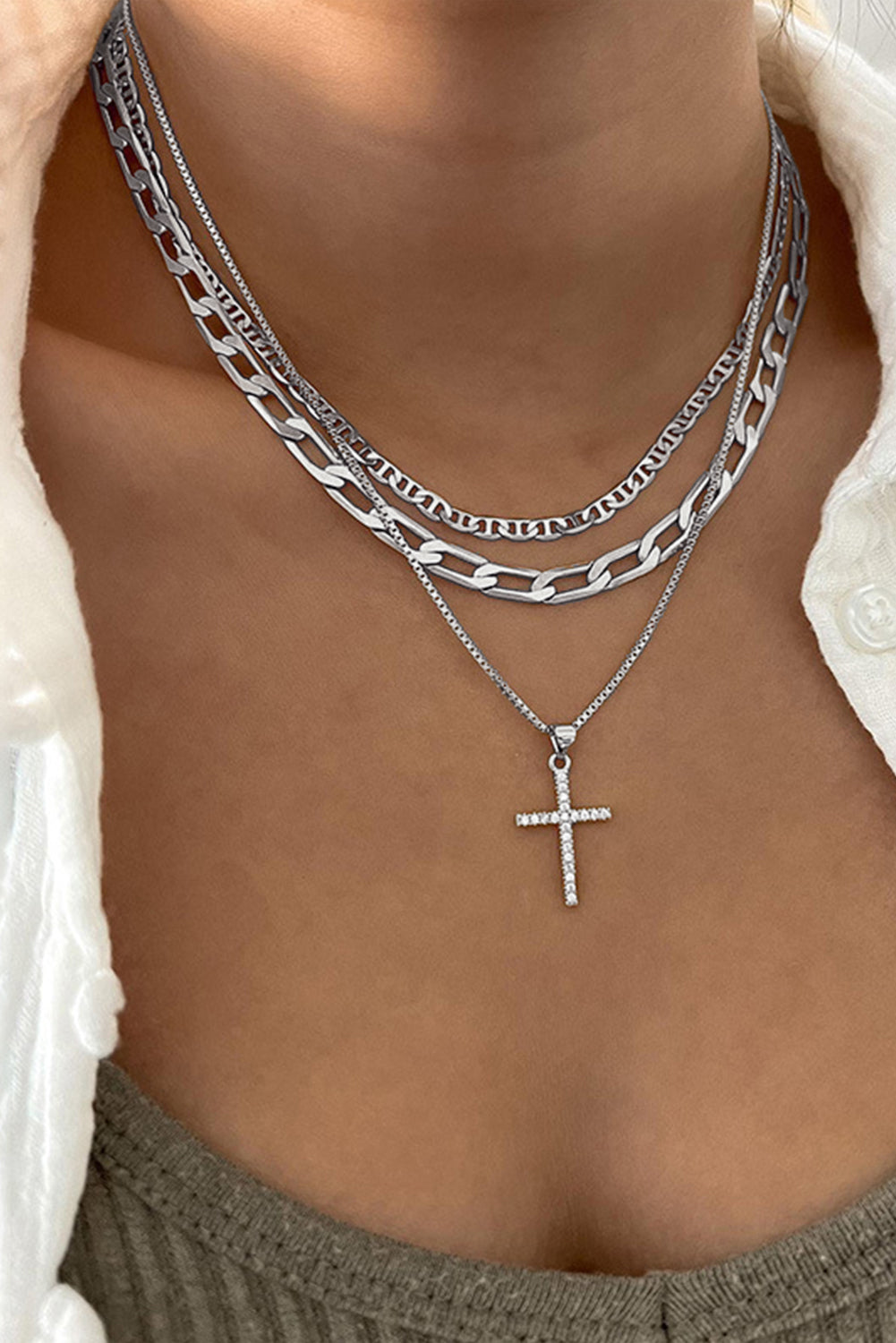 Silvery Rhinestone Cross Pendant Multi Layer Stacked Chain Necklace
