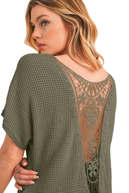 Oatmeal Guipure Lace Splicing Back Waffle Textured T-shirt - The Fair Lady Shop