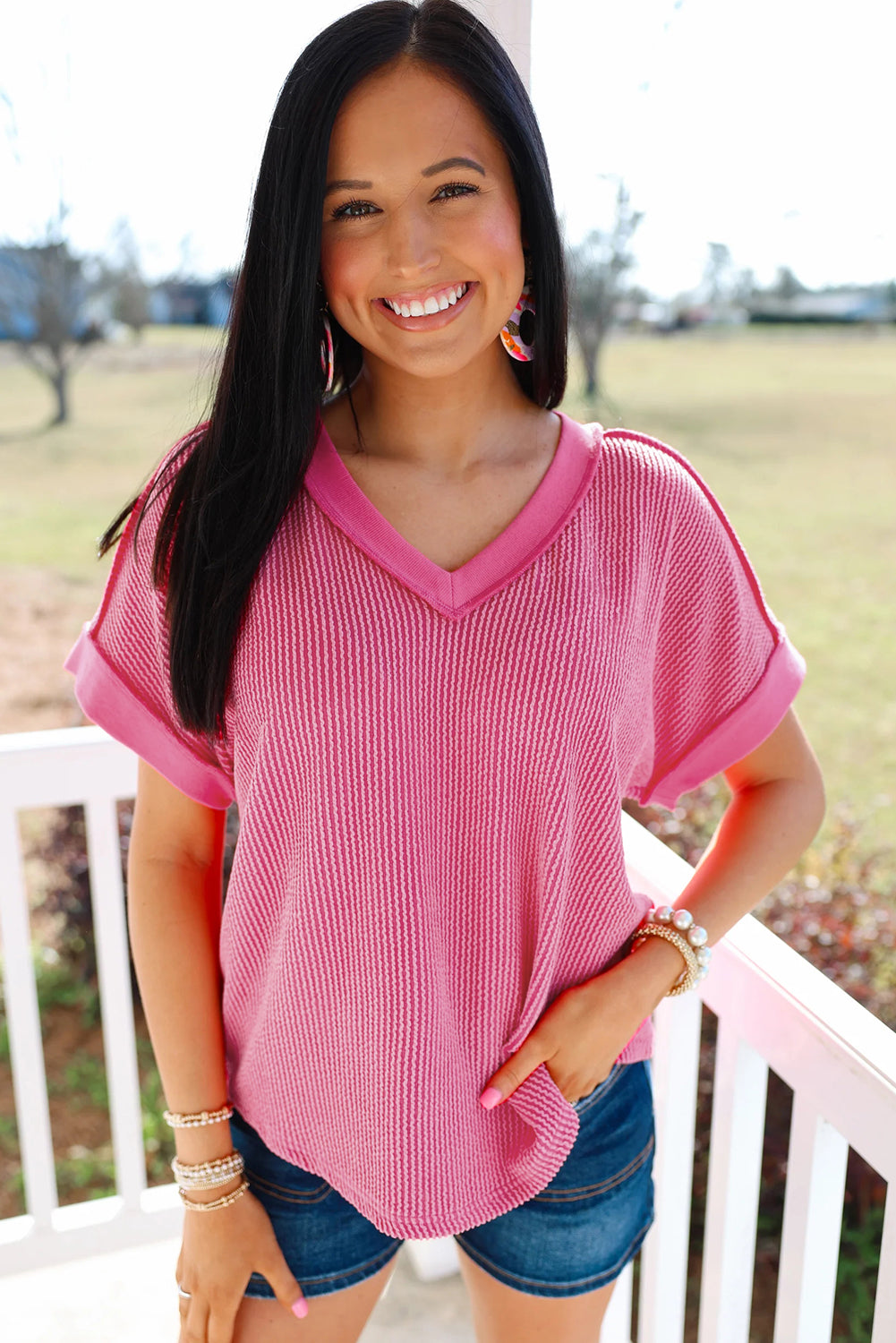 Rose Red Twisted Ribbed Knit Patchwork V Neck Casual Tee - The Fair Lady Shop