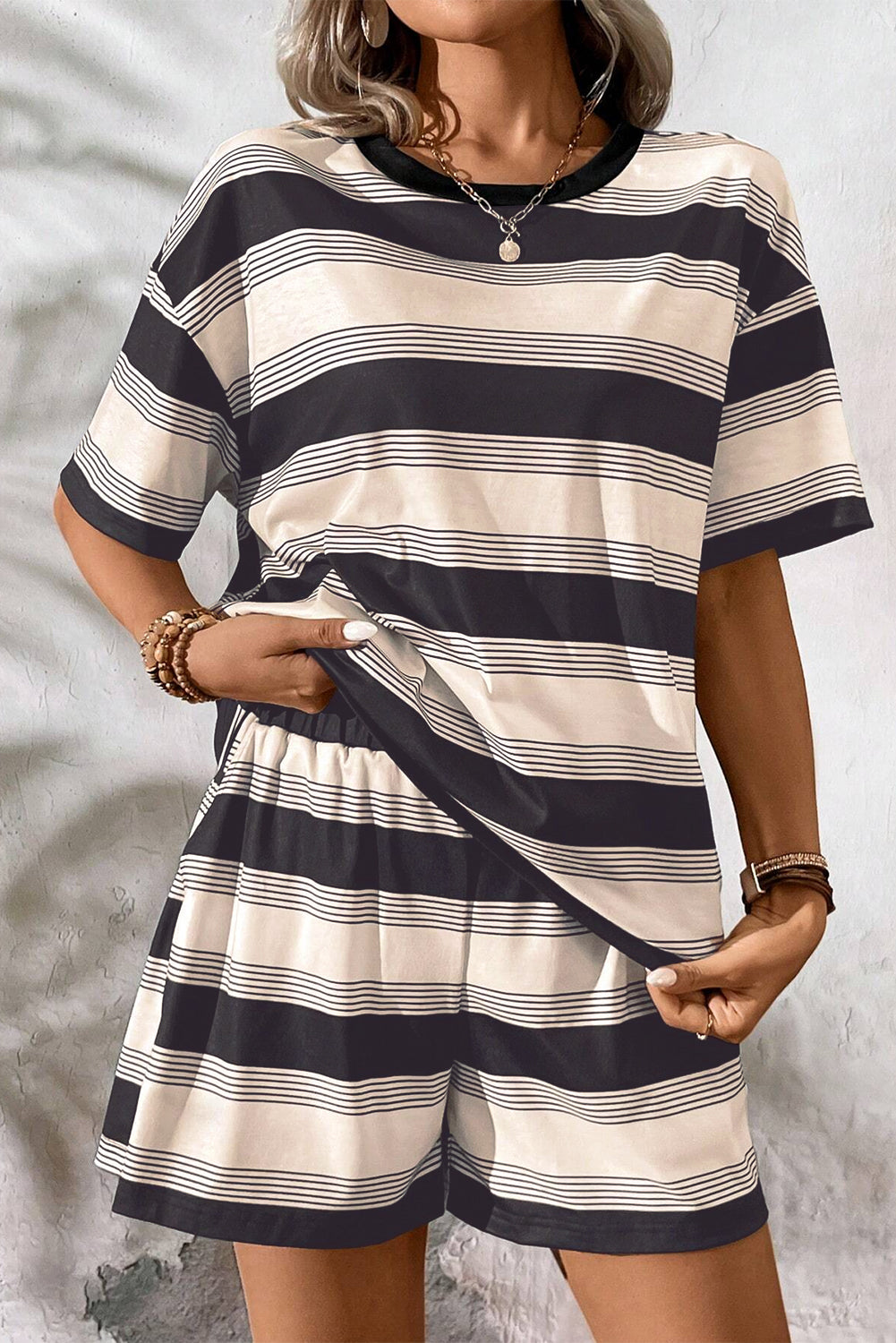 Black Stripe Short Sleeve T-Shirt and High Waist Pocket Shorts Set - The Fair Lady Shop