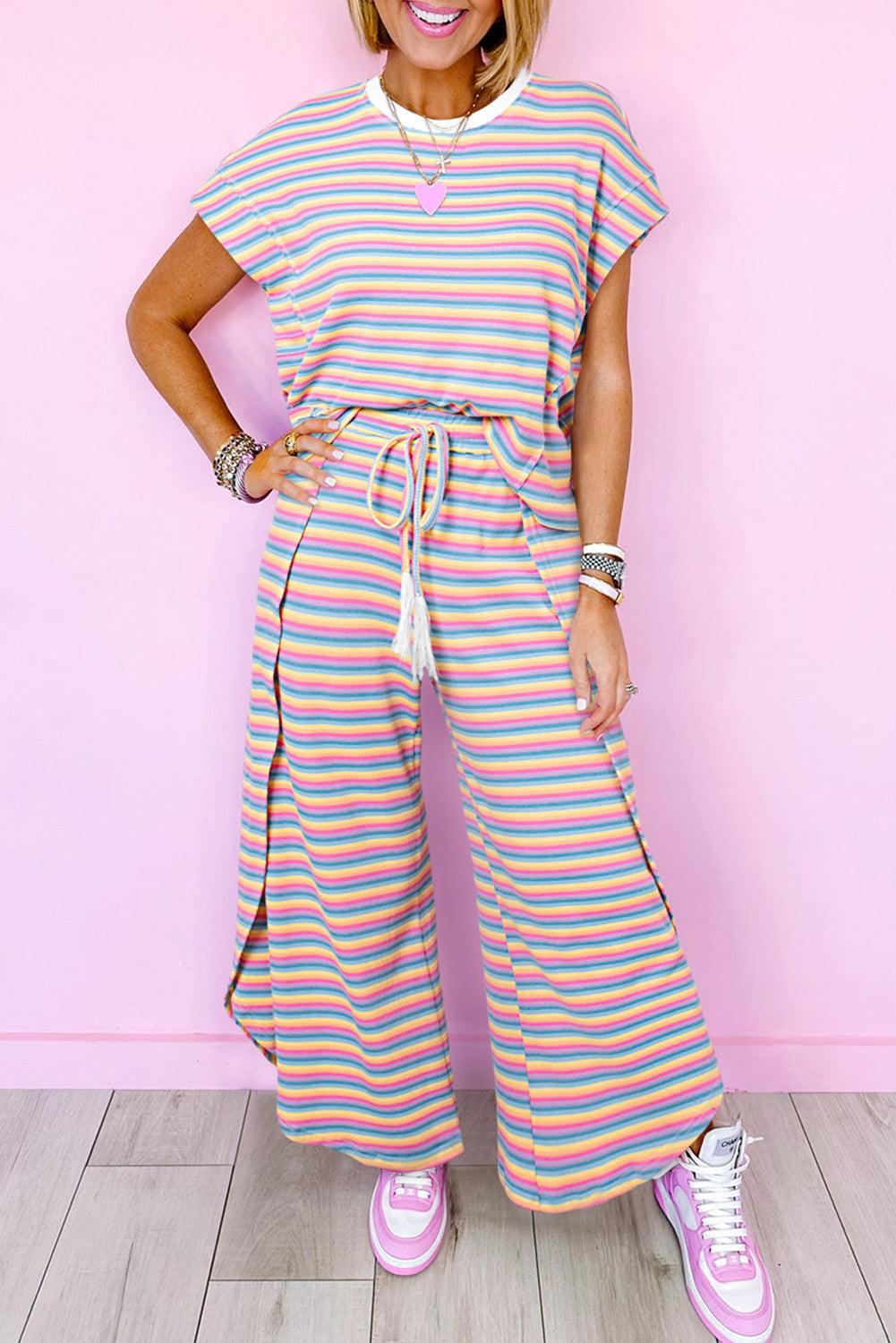 Yellow Stripe Rainbow Tee and Tassel Drawstring Wide Leg Pants Set - The Fair Lady Shop