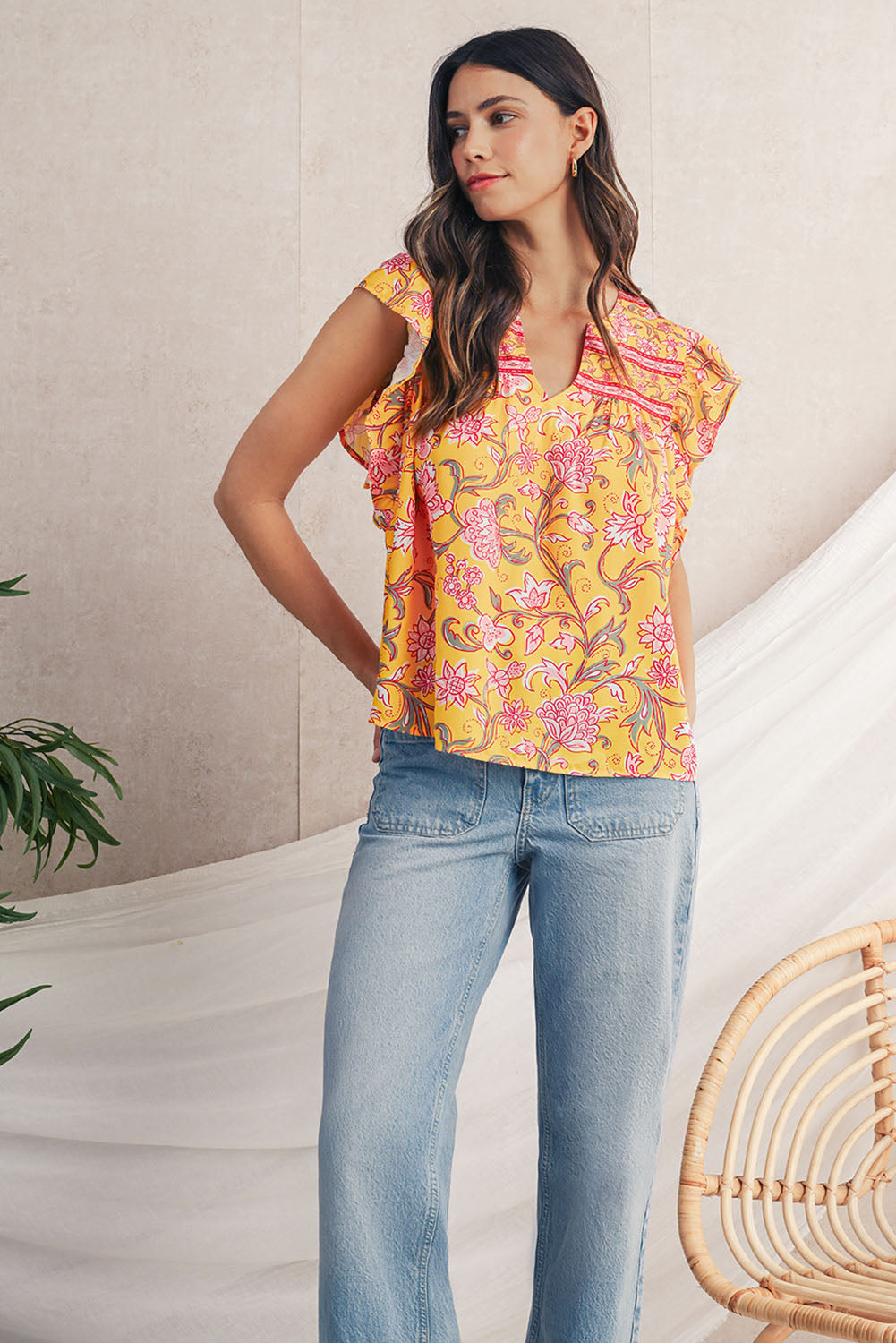 Yellow Floral Ruffle Shoulder V Neck Flowy Blouse - The Fair Lady Shop