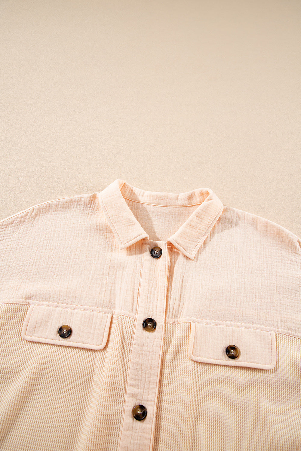Beige Waffle Crinkle Patchwork Short Batwing Sleeve Shirt - The Fair Lady Shop