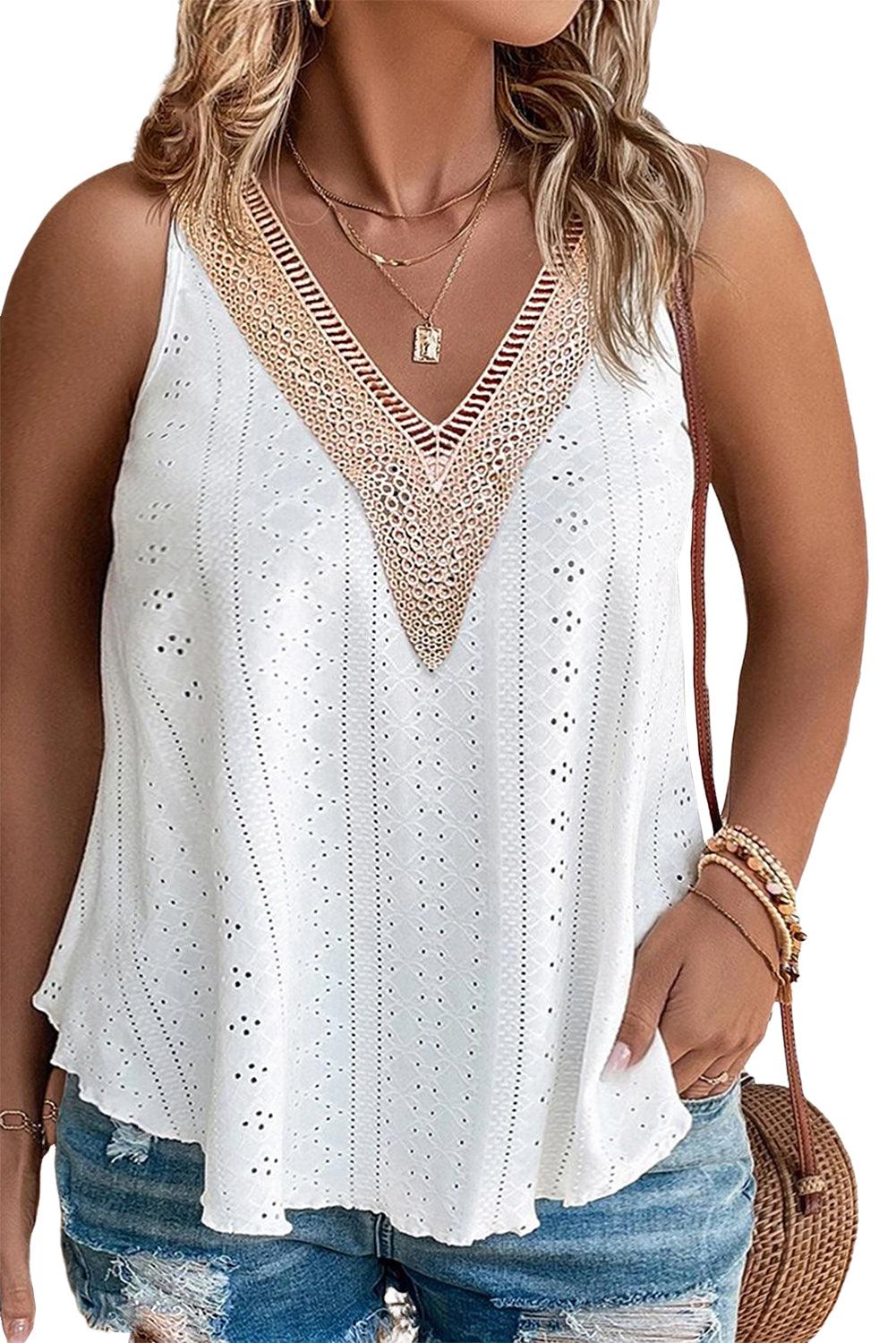 White Plus Size Guipure V Neck Eyelet Lace Tank Top - The Fair Lady Shop