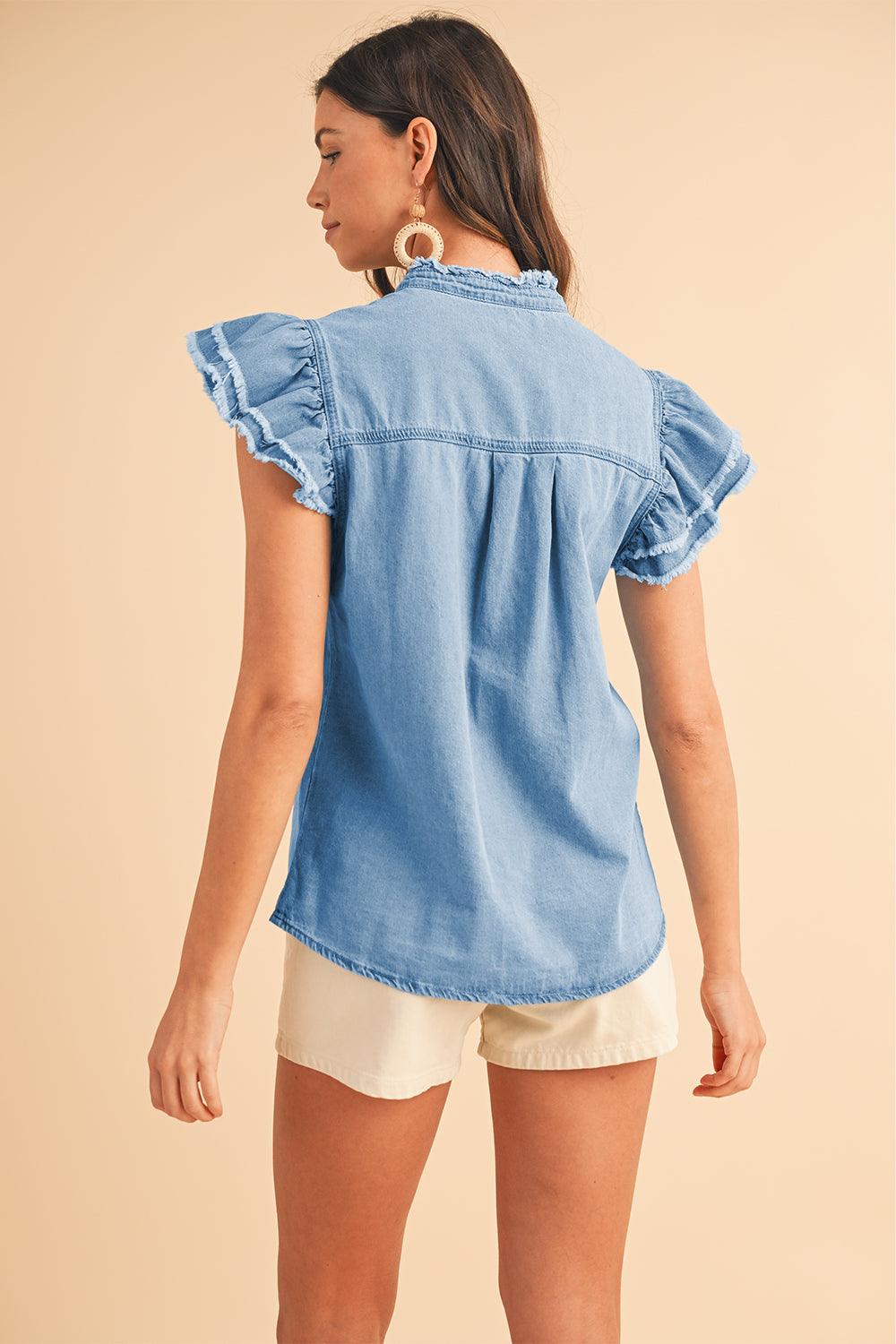 Ashleigh Blue Button Front Ruffled Flutter Frayed Denim Top - The Fair Lady Shop