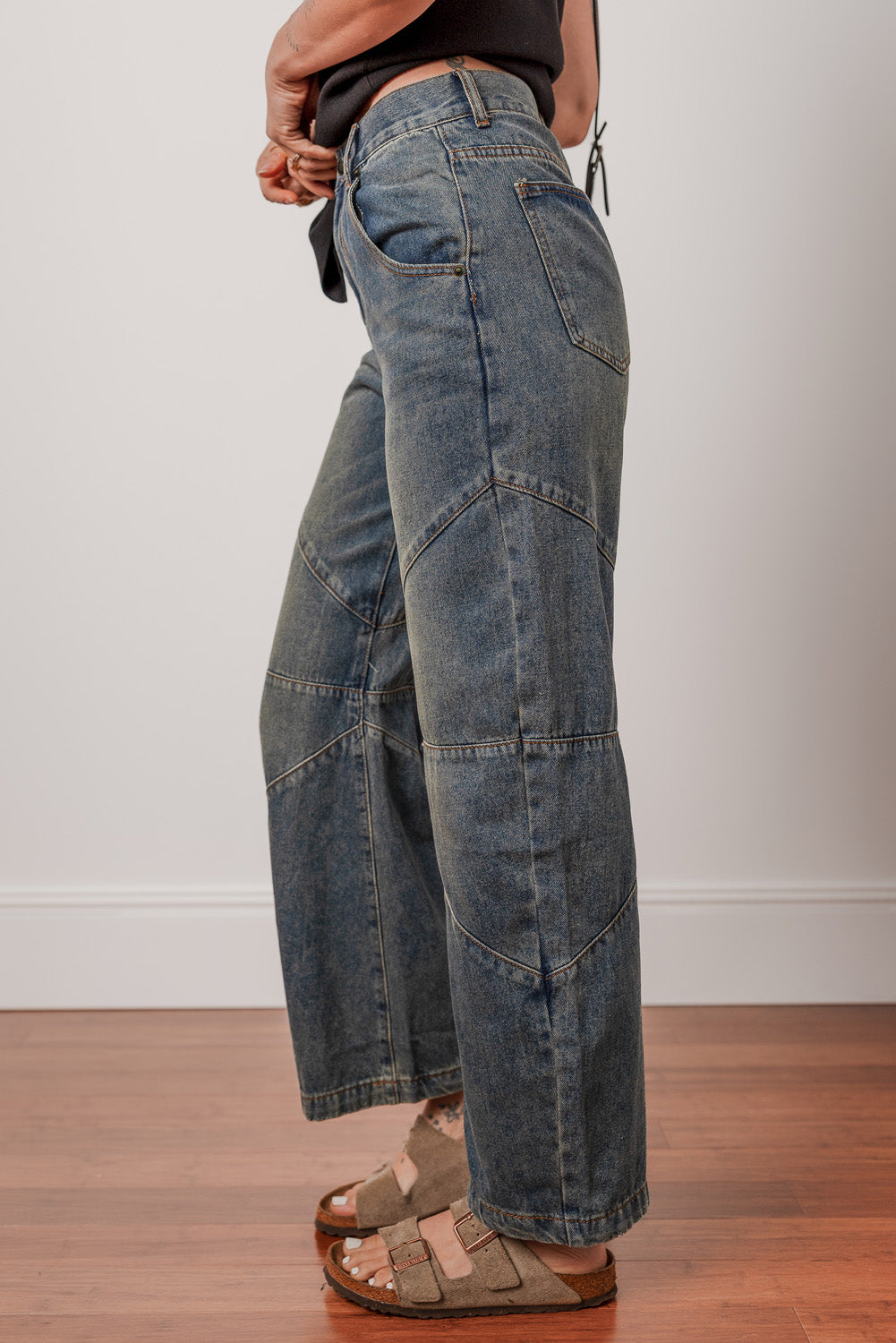 Sail Blue Criss Cross Straight Leg High Waist Jeans - The Fair Lady Shop