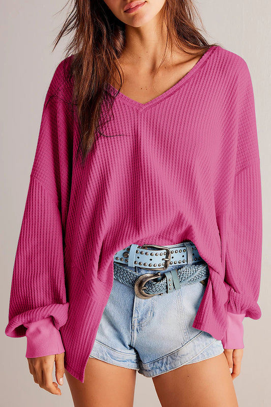 Bright Pink Waffle V Neck Drop Shoulder Long Sleeve Loose Top - The Fair Lady Shop