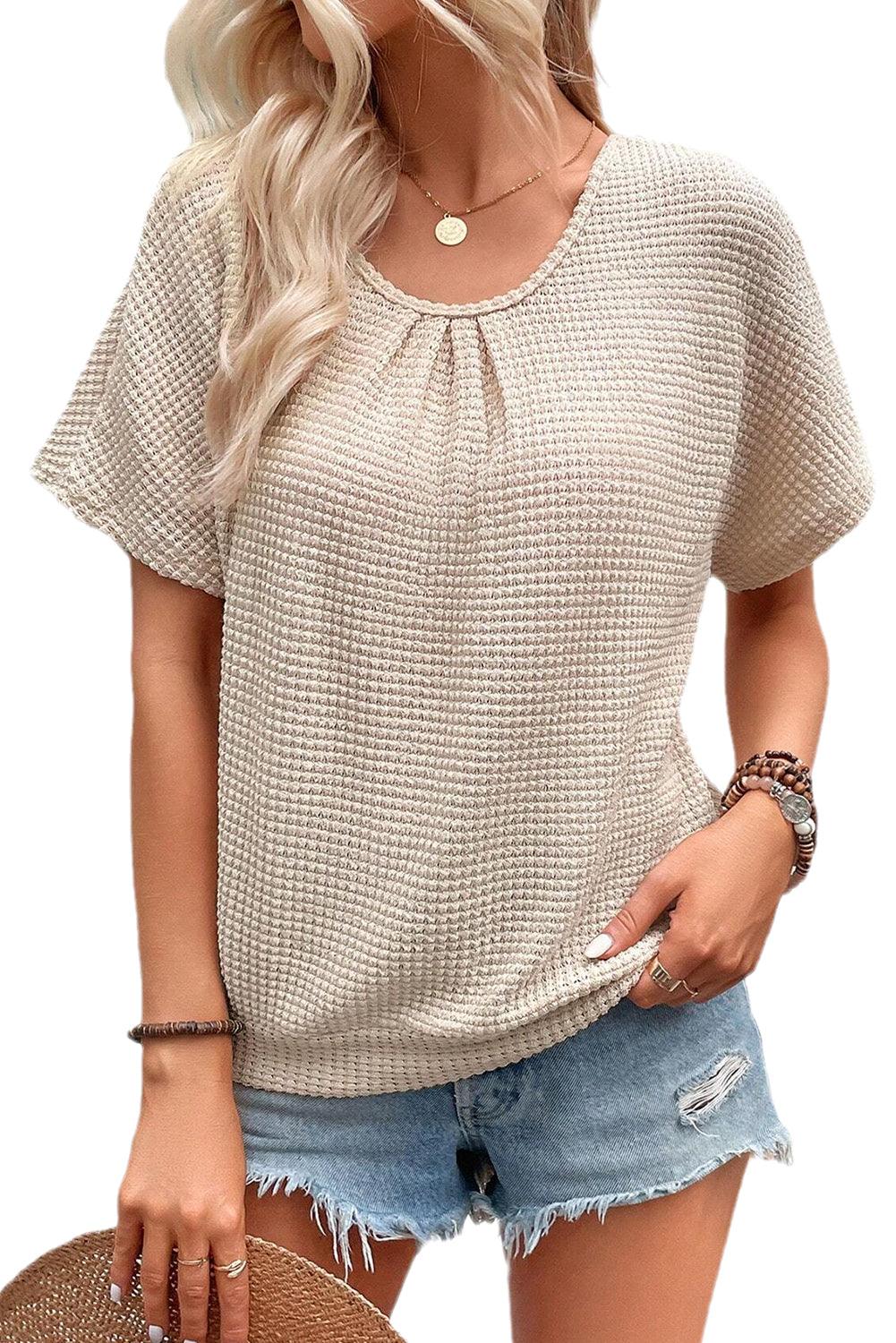 Oatmeal Guipure Lace Splicing Back Waffle Textured T-shirt - The Fair Lady Shop