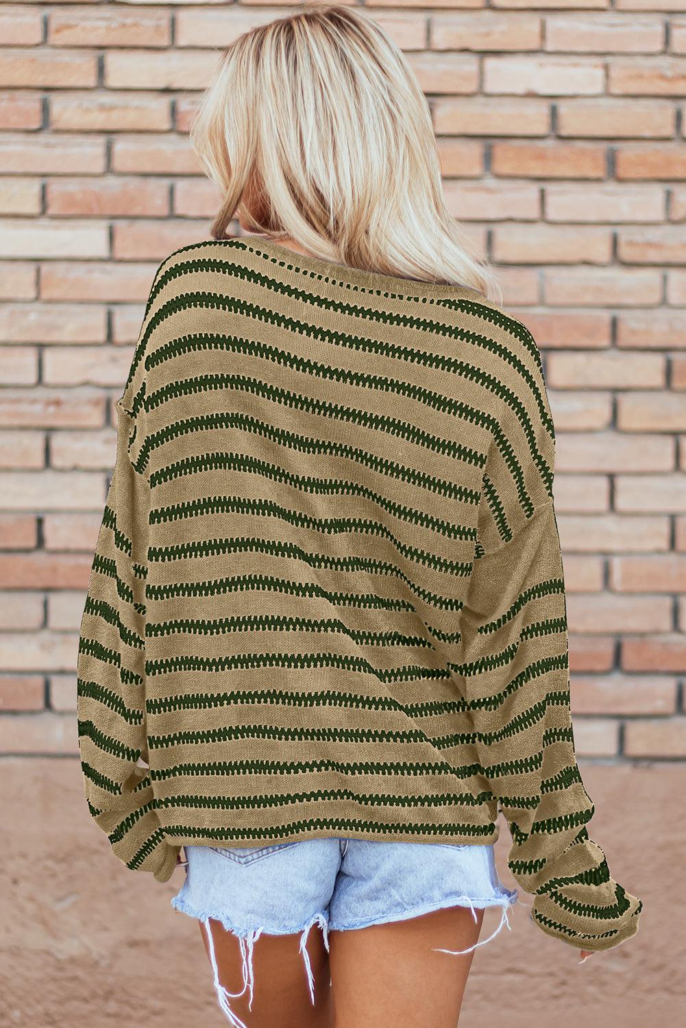 Khaki Casual Stripe Round Neck Drop Shoulder Sweater - The Fair Lady Shop