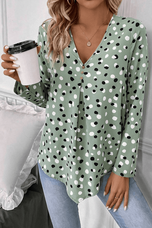 Green Dotted Print Button Front V Neck Blouse - The Fair Lady Shop