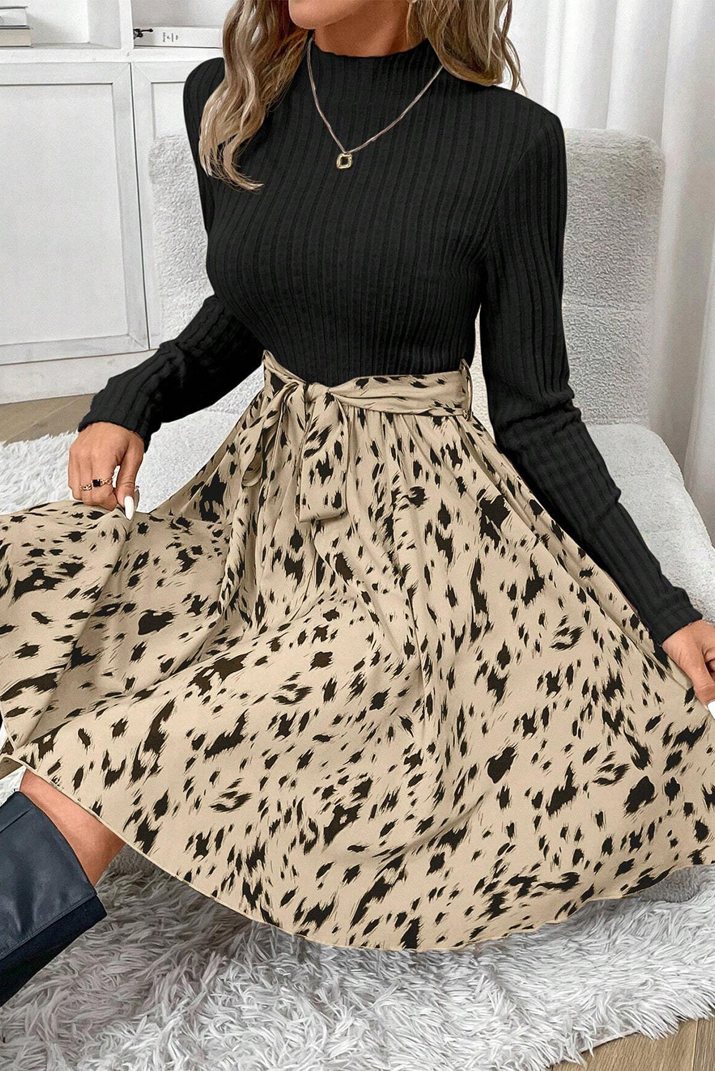 Black Ribbed Knit Patchwork Abstract Print Belted Short Dress - The Fair Lady Shop