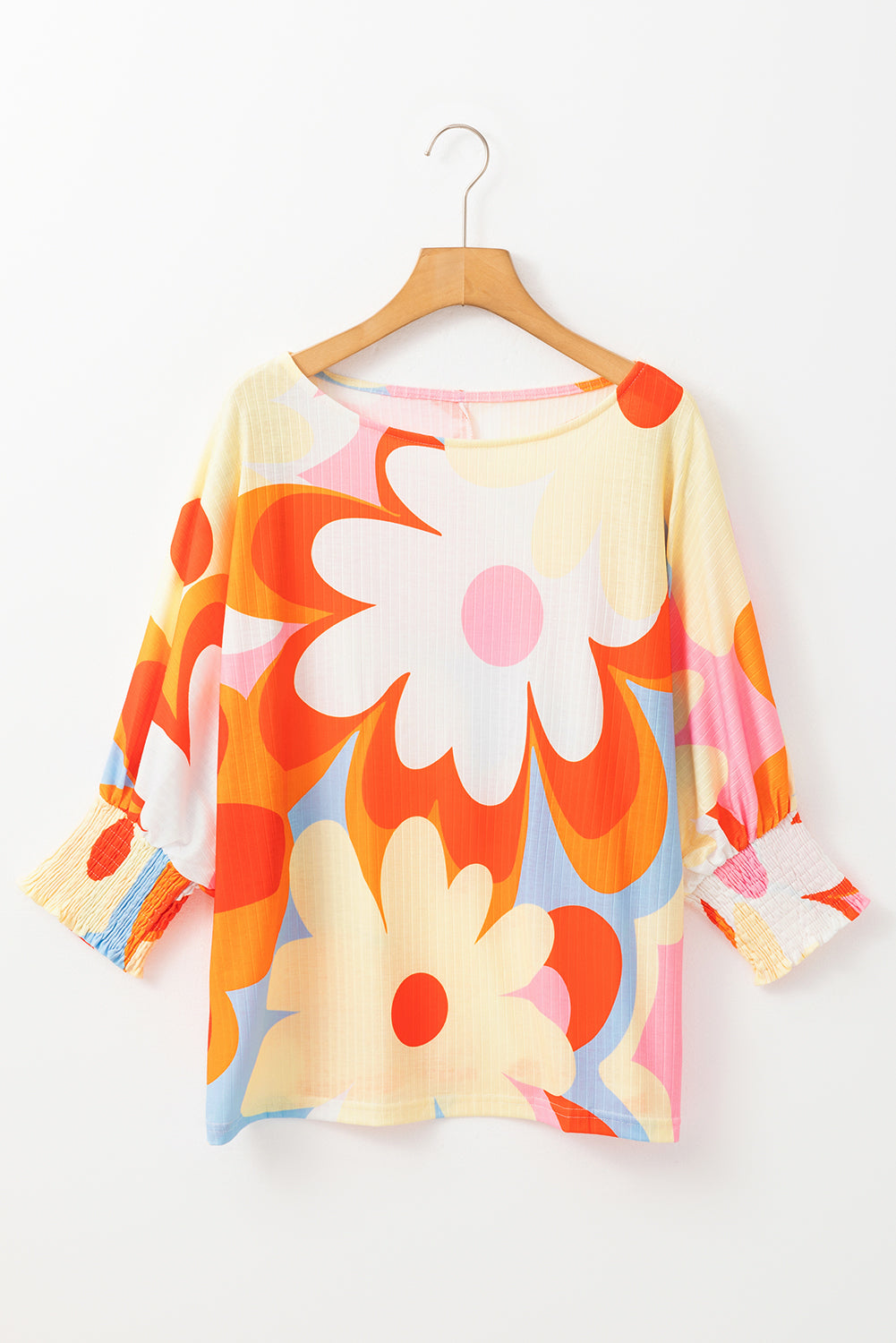 Yellow Colorful Floral Print Ribbed Dolman Blouse - The Fair Lady Shop