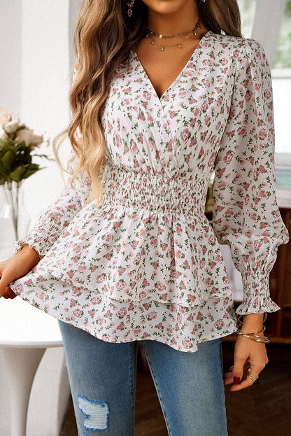 White Floral Print V-Neck Cinch Waist Blouse - The Fair Lady Shop