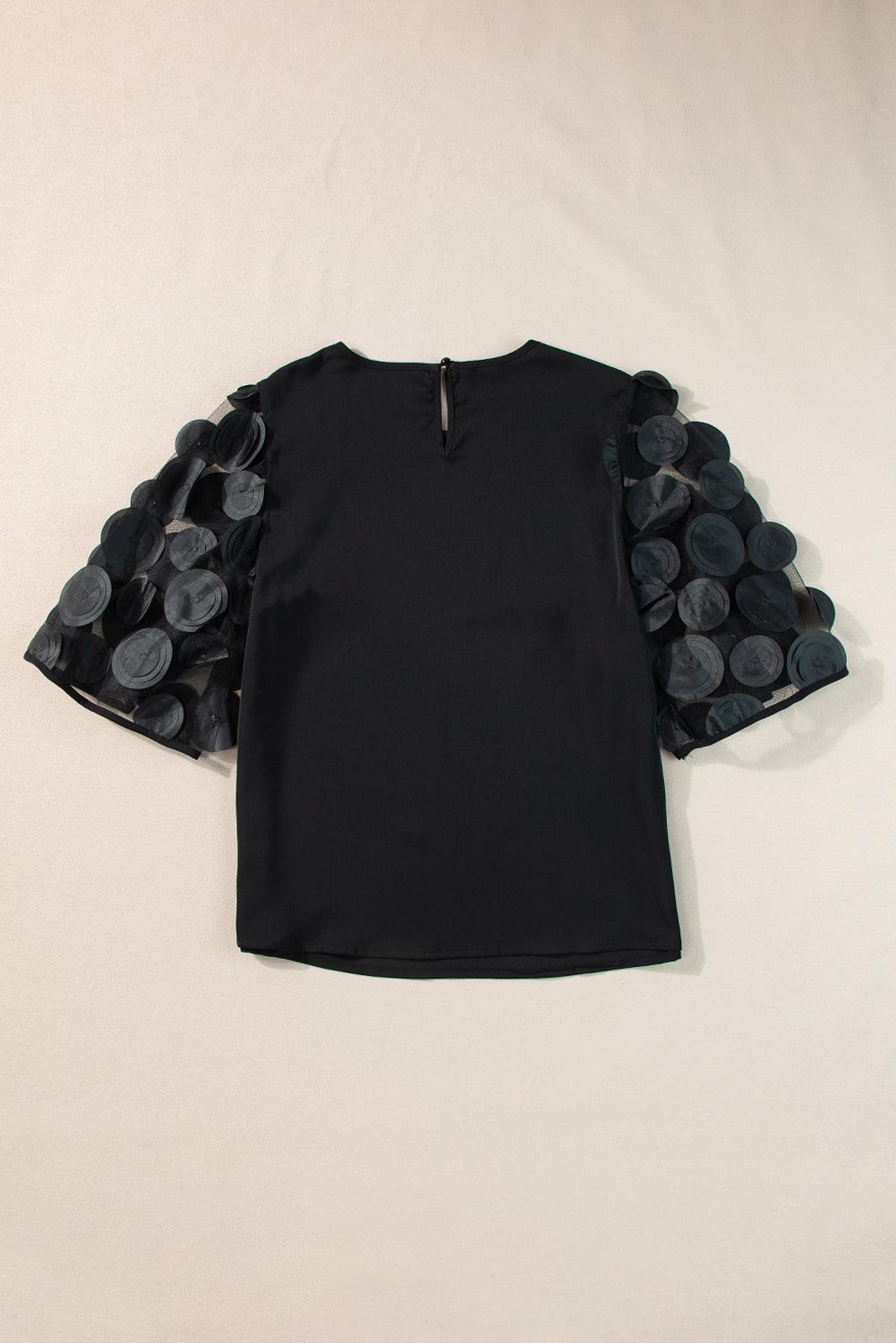 Black Applique Mesh Keyhole Back Splicing Sleeve Blouse - The Fair Lady Shop