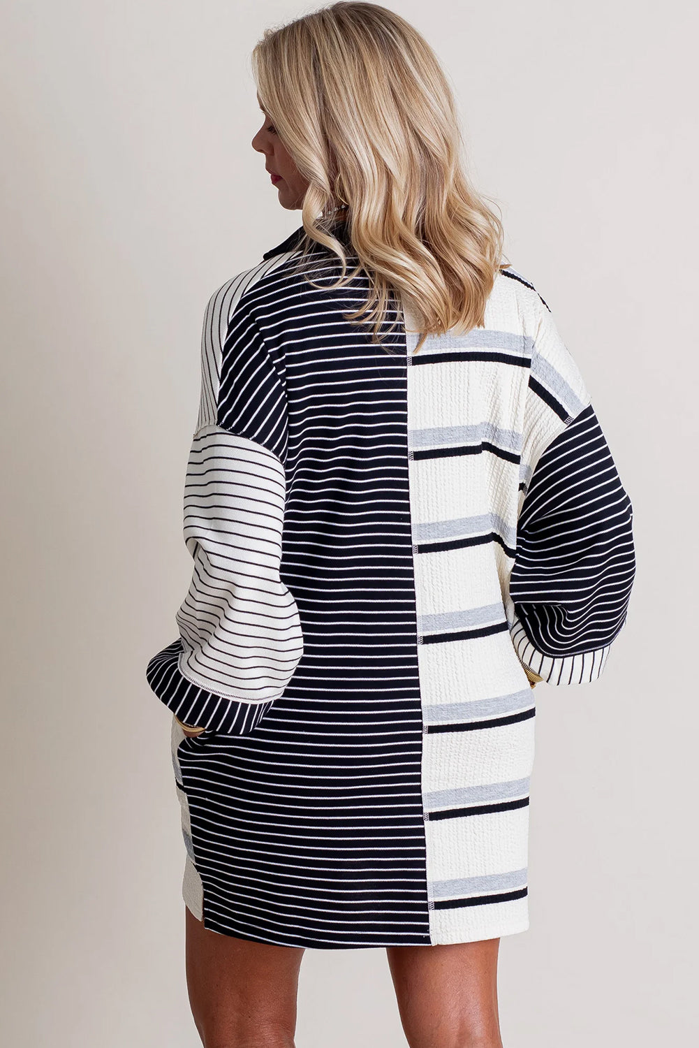 Black Stripe Colorblock Long Sleeve Collar Half Buttons Mini Dress - The Fair Lady Shop