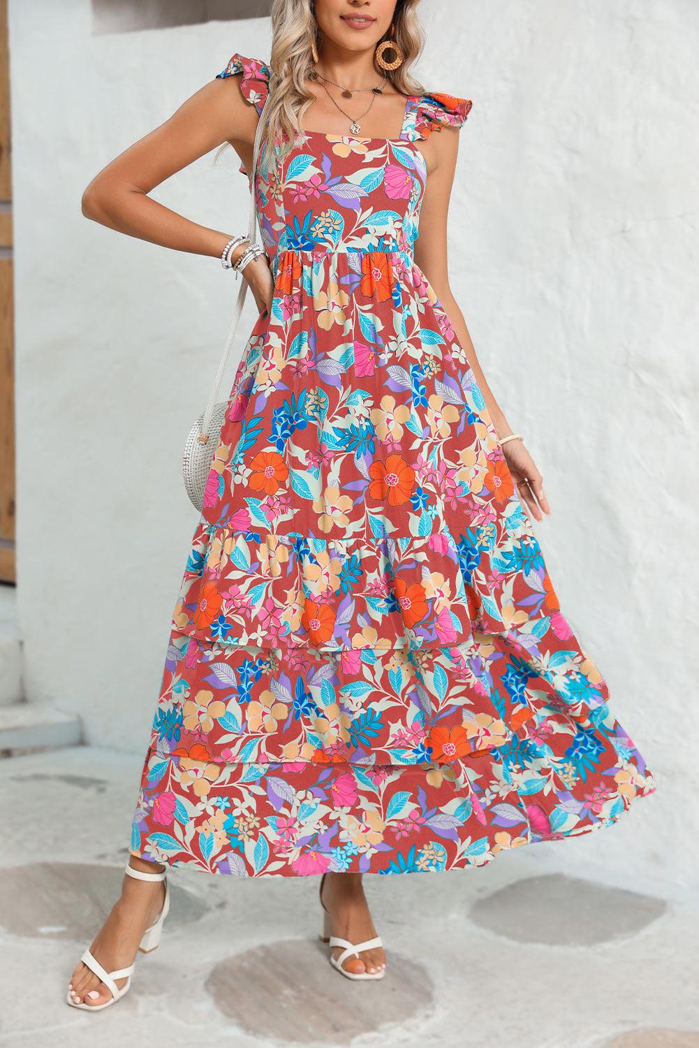 Pink Floral Print Sleeveless Ruffle Tiered Maxi Dress - The Fair Lady Shop