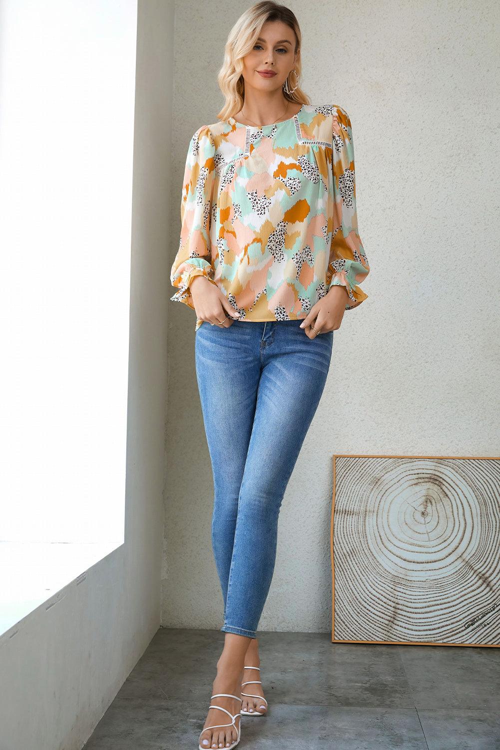 Multicolor Abstract Print Boho Ruffle Puff Sleeve Blouse - The Fair Lady Shop