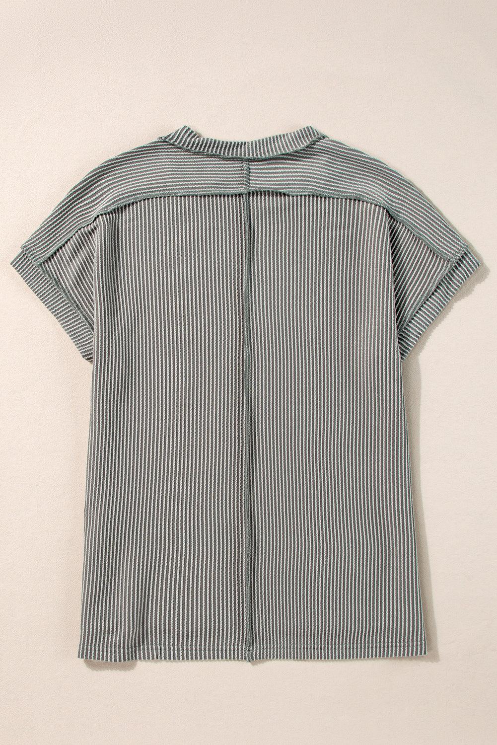 Medium Grey Ribbed Knit Exposed Seam Round Neck T-shirt - The Fair Lady Shop