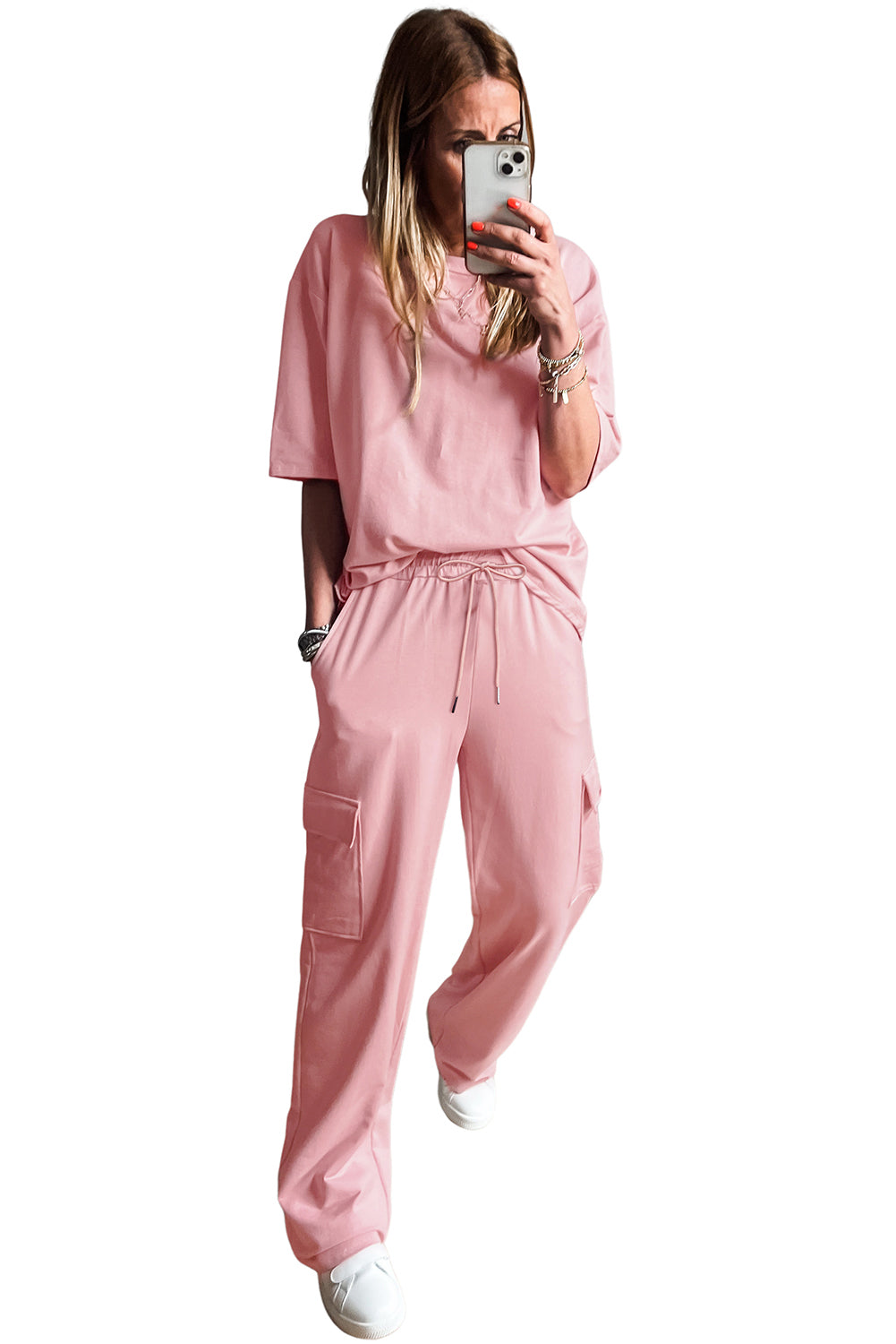 Apricot Pink Half Sleeve T-Shirt & Cargo Sweatpants Set - The Fair Lady Shop