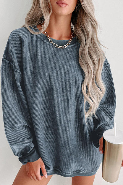 Khaki Solid Ribbed Round Neck Pullover Sweatshirt - The Fair Lady Shop