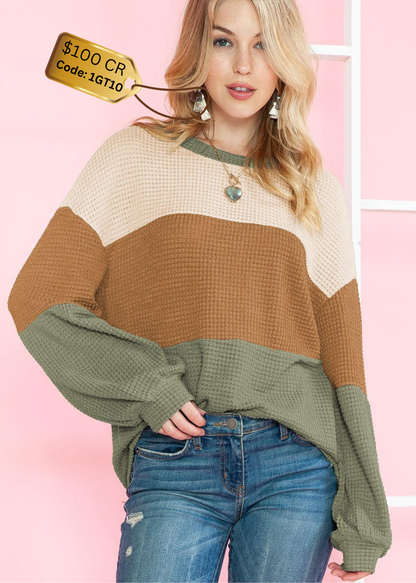 Green Waffle Knit Color Block Drop Sleeve Loose Top - The Fair Lady Shop