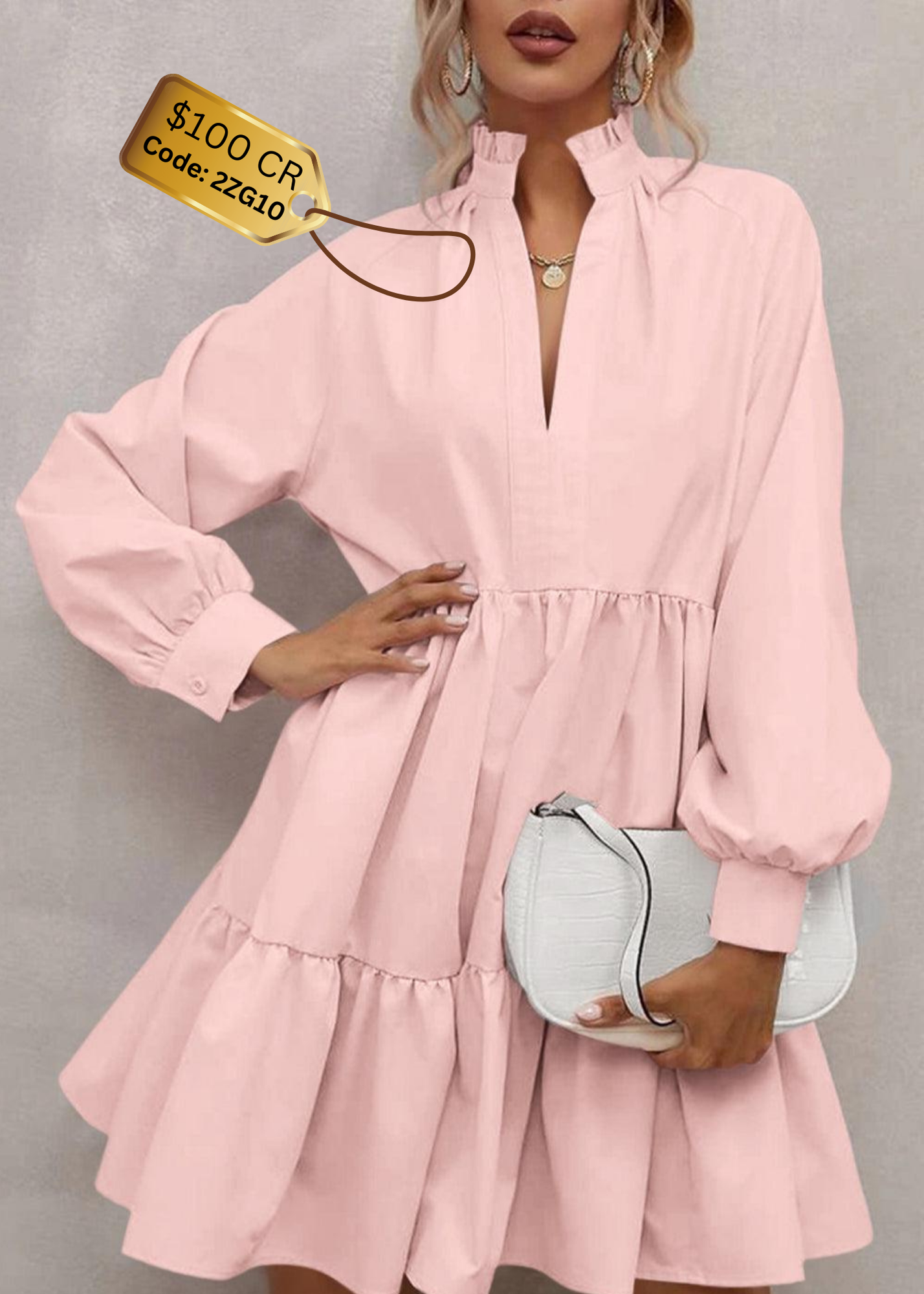 Pink Casual Stand V Neck Short Frill Dress - The Fair Lady Shop