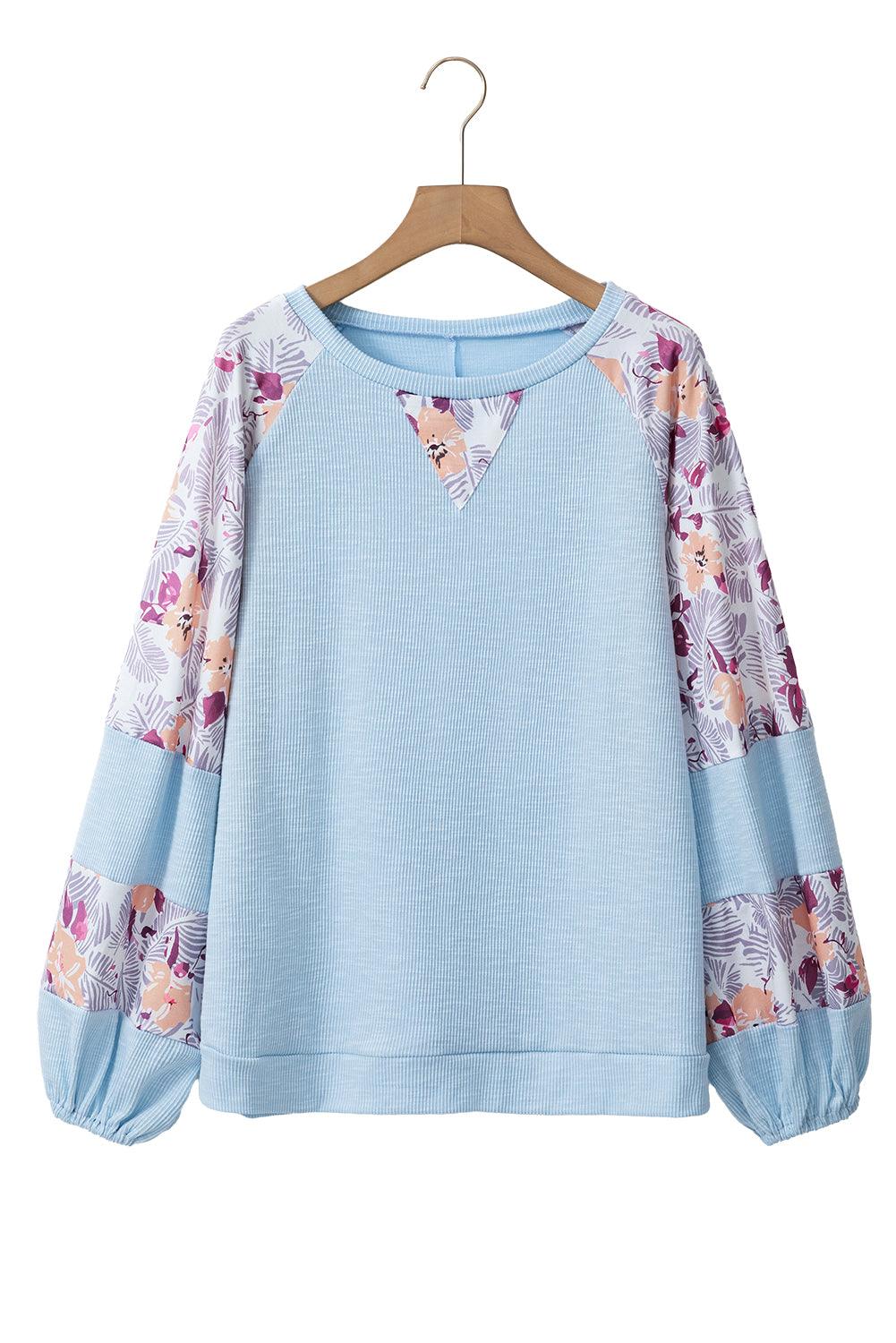 Apricot Crinkle Rib Floral Patchwork Balloon Sleeve Top - The Fair Lady Shop