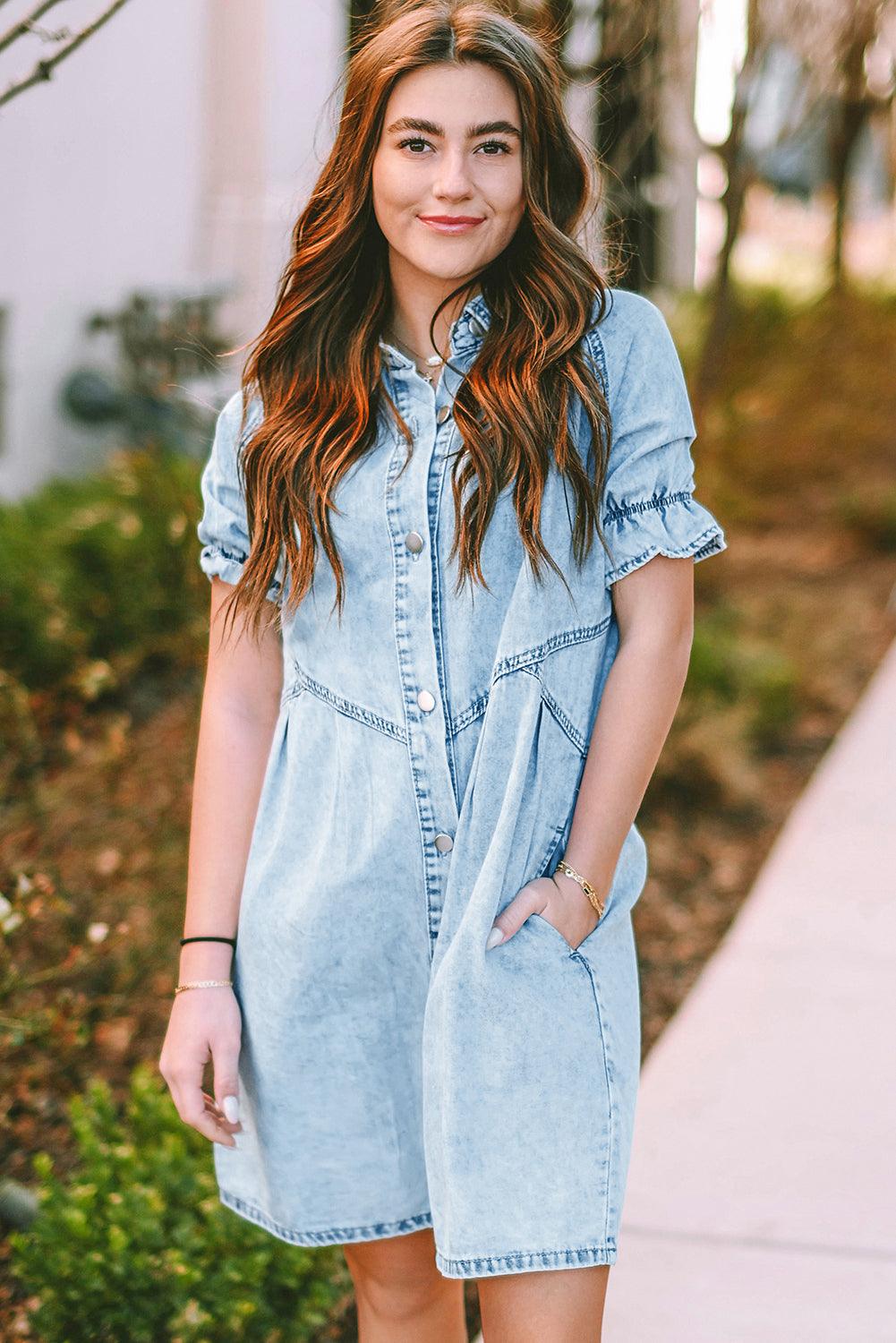 Blue Mineral Washed Ruffled Short Sleeve Pocketed Denim Dress - The Fair Lady Shop