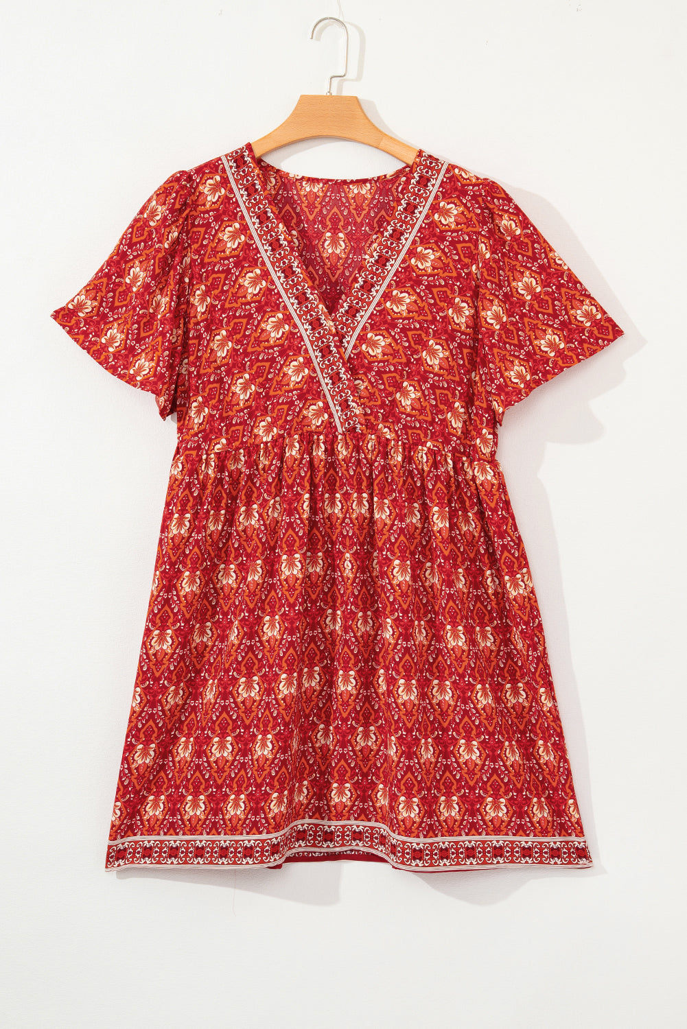 Orange Plus Size Boho Print Surplice Neck Empire Waist Flowy Mini Dress - The Fair Lady Shop