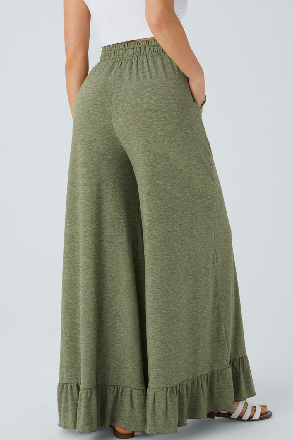 Jungle Green Solid Color Ruffle Hem Wide Leg Pants
