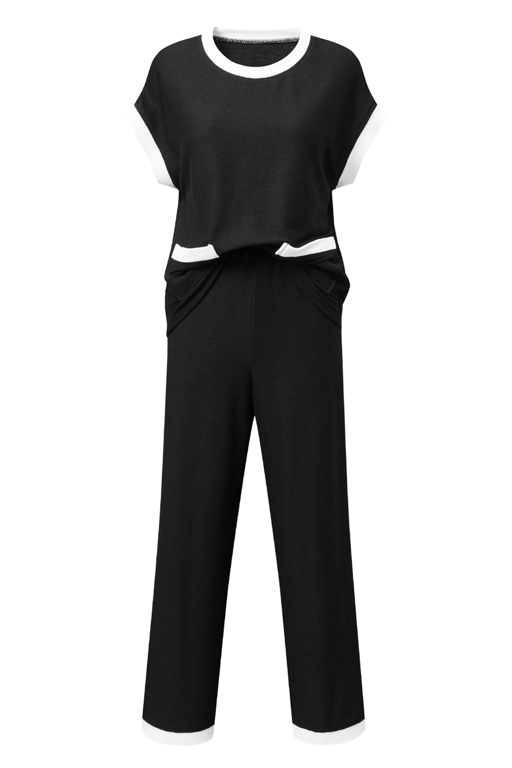 Black Contrast Trim Pocket T Shirt and Wide Leg Pants Set - The Fair Lady Shop