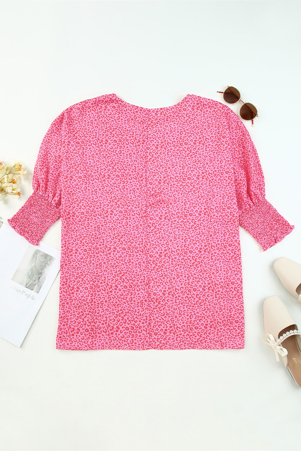 Pink Leopard Puff Sleeve Shirred Cuffs Oversized Blouse - The Fair Lady Shop