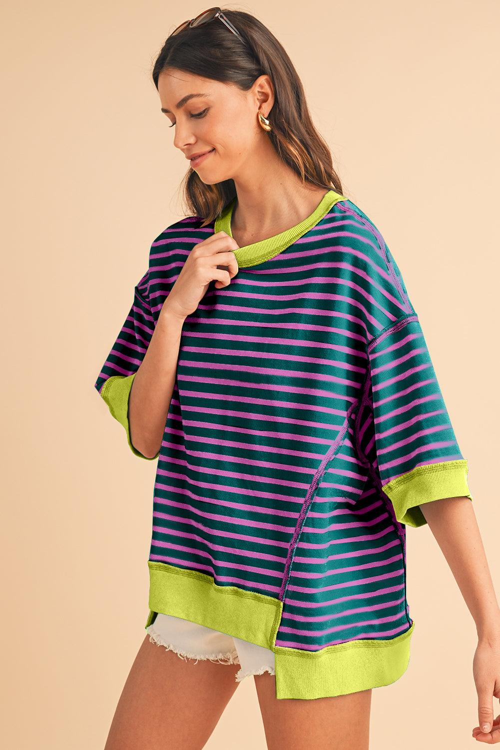 Pink Stripe Colorblock Drop Sleeve Oversized T Shirt - The Fair Lady Shop