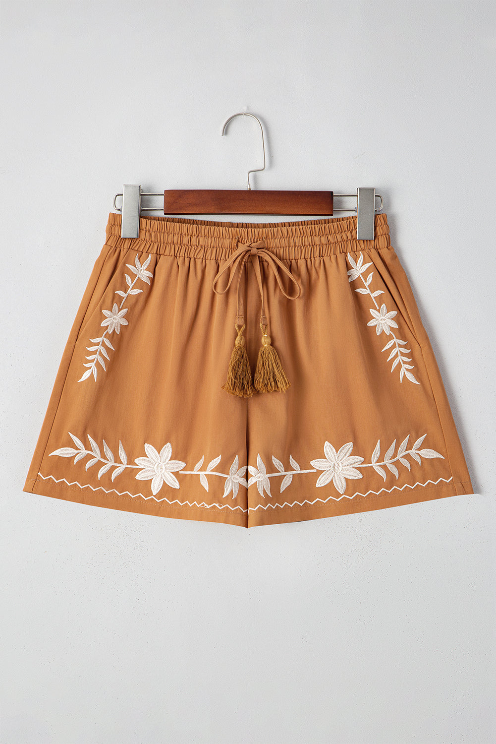 Khaki Embroidered Tassel Tie Elastic Waist Shorts - The Fair Lady Shop