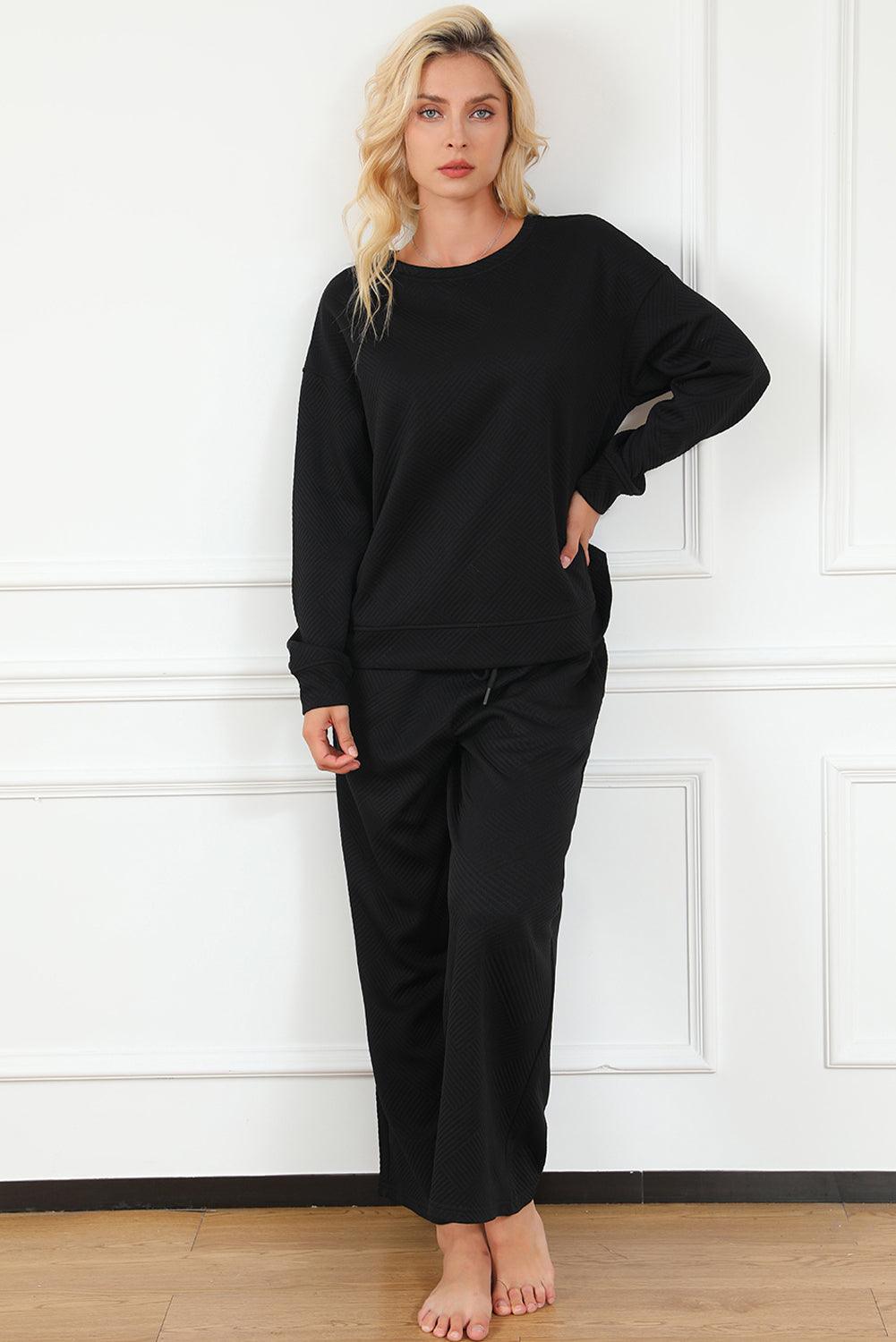 Dark Brown Textured Loose Slouchy Long Sleeve Top and Pants Set - The Fair Lady Shop