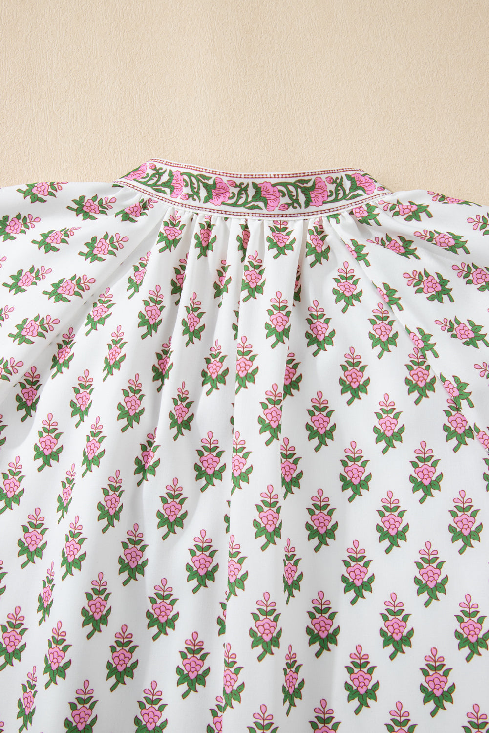 Pink Floral Print Drawstring V Neck Bishop Sleeve Boho Dress - The Fair Lady Shop