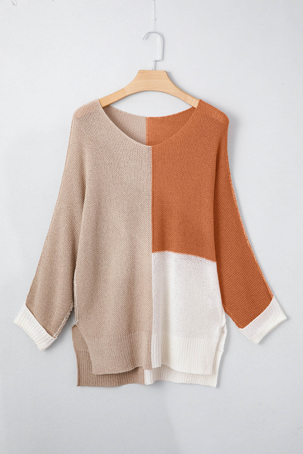 Chestnut Color Block Knit V Neck Loose Sweater
