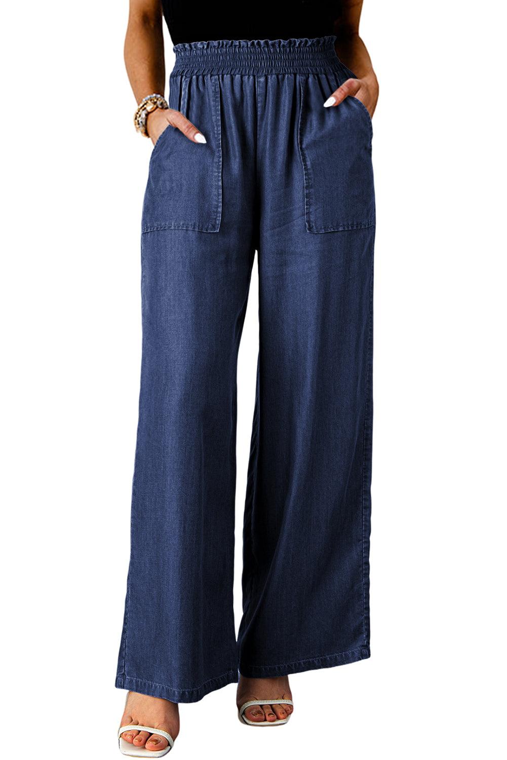 Black Side Pockets Frilled Smocked High Waist Wide Leg Jeans - The Fair Lady Shop