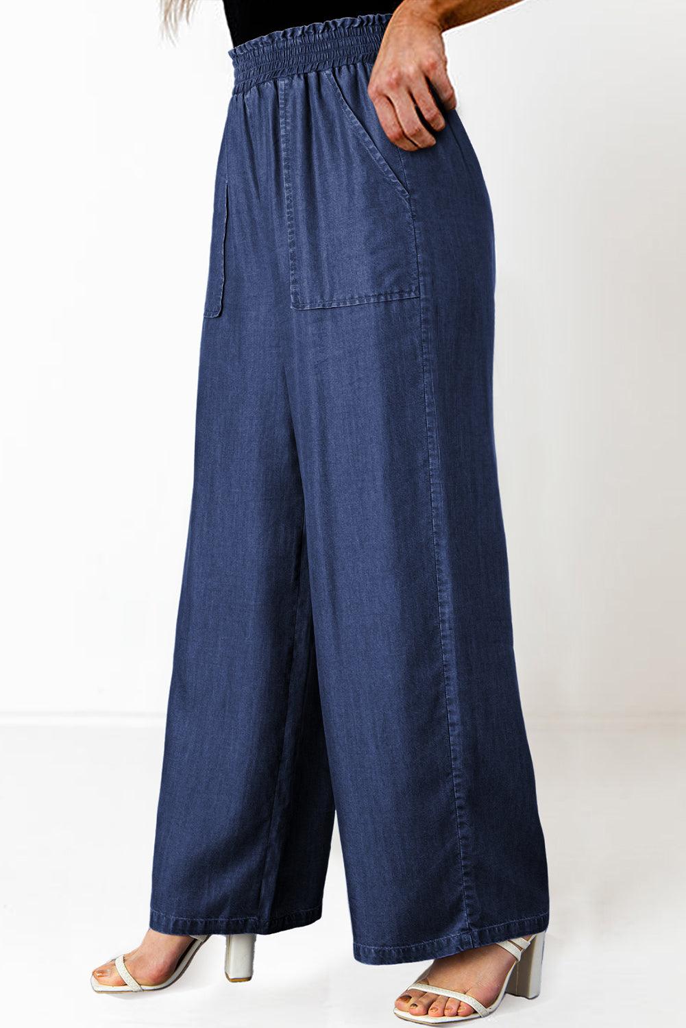 Black Side Pockets Frilled Smocked High Waist Wide Leg Jeans - The Fair Lady Shop