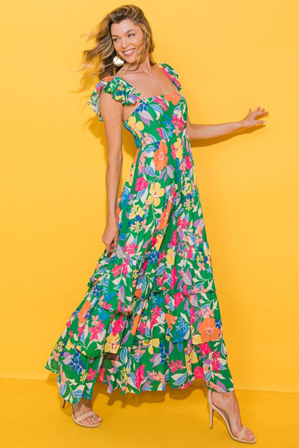 Pink Floral Print Sleeveless Ruffle Tiered Maxi Dress - The Fair Lady Shop