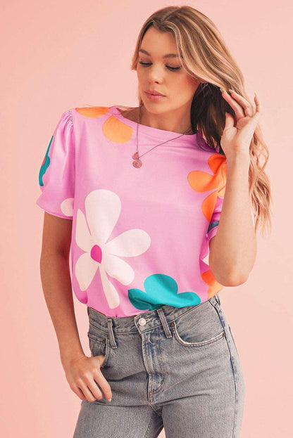 Apricot Colorful Flower Print Bubble Sleeve Tee - The Fair Lady Shop