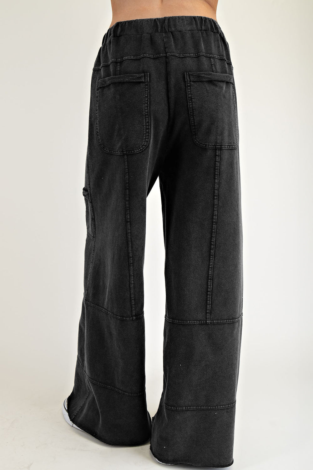 Black Mineral Wash Exposed Seam Wide Leg Cargo Pants - The Fair Lady Shop