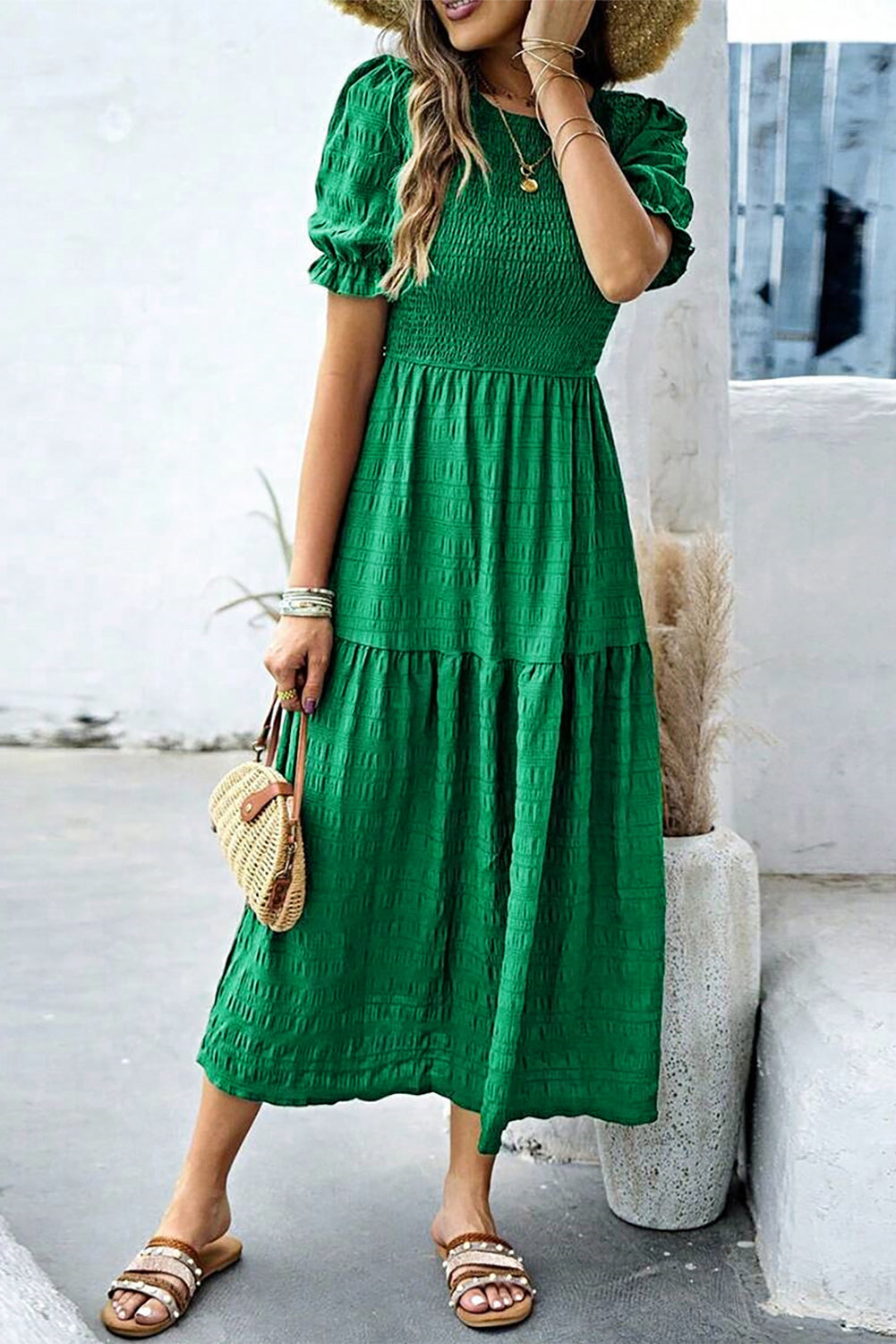 Dark Green Solid Textured Shirred High Waist Midi Dress - The Fair Lady Shop
